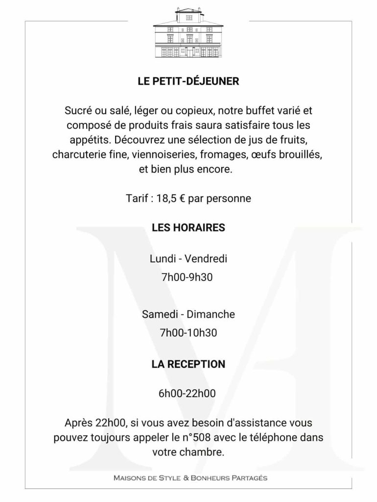 Détails des horaires du petit déjeuner à la Maison d’Anthouard